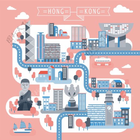 卡通立体香港建筑地图