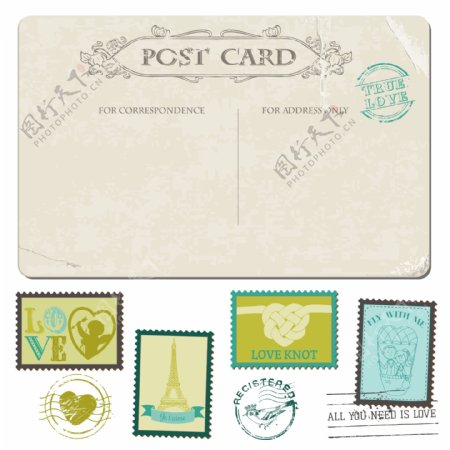7款复古婚礼明信片与邮票矢量图