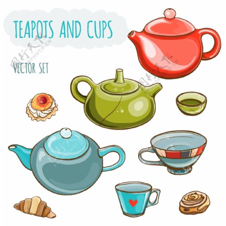 彩色茶壶与茶矢量图