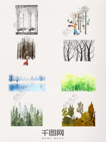 卡通树木群装饰元素