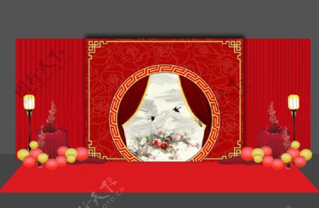 中式红色婚礼迎宾区工装效果图