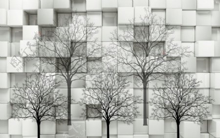 3D现代简约树木砖墙背景