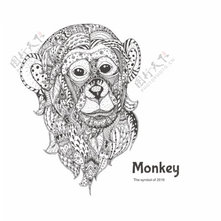 黑白手绘花纹可爱的猴子头像