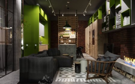 时尚风格客厅绿色亮面背景墙室内装修效果图