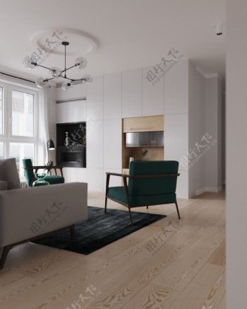 现代时尚客厅深灰色白条地毯室内装修效果图