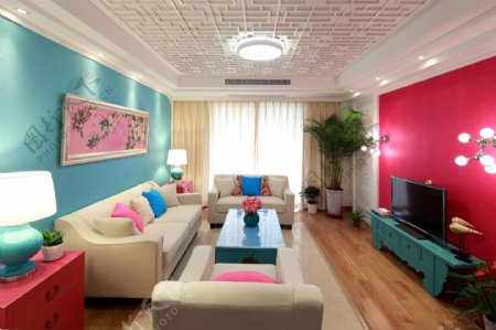 现代时尚客厅色彩鲜艳背景墙室内装修图