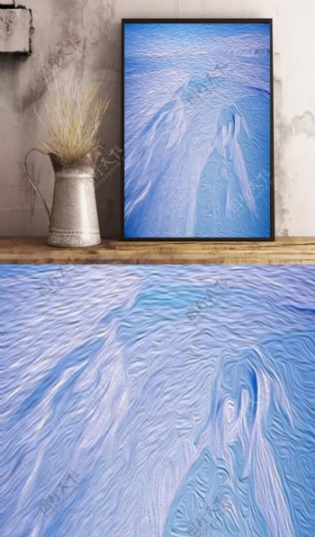 竖图蓝色抽象冰川雪地客厅装饰画