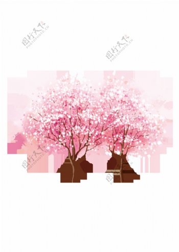 手绘粉色树透明装饰素材