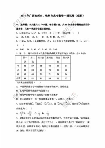数学人教版2017年广西柳州市钦州市高考数学一模试卷理科