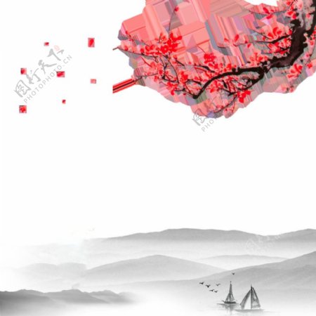 中国风艳红色梅花水墨山水装饰元素