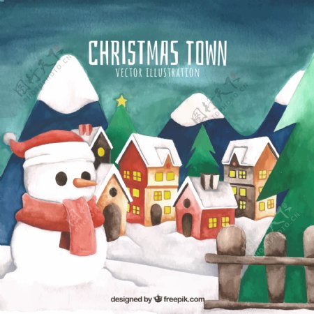 水彩绘圣诞小镇和雪人矢量图