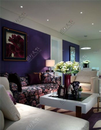 简约客厅紫色墙壁装修效果图