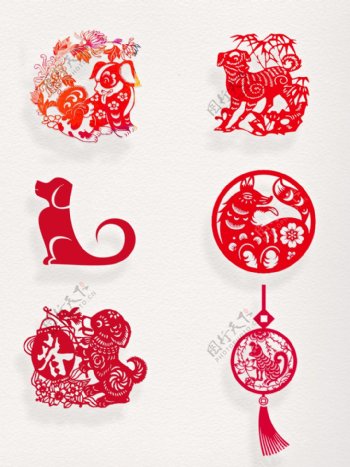 新春新年春节红色剪纸狗素材装饰图案