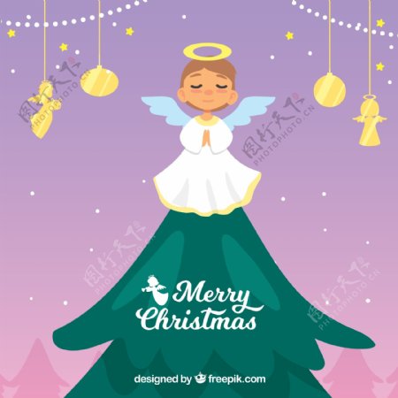 可爱圣诞树上的天使矢量素材