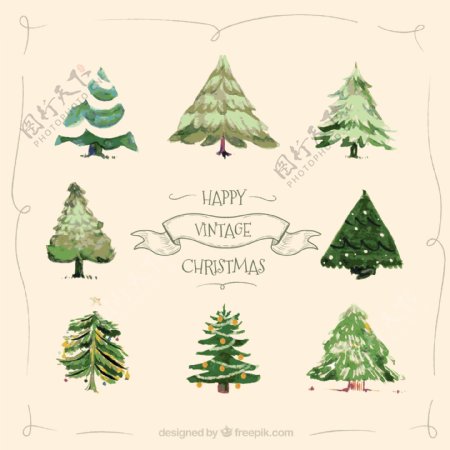 8款手绘复古圣诞树矢量素材