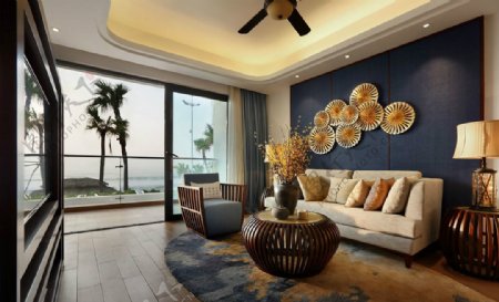 美式客厅沙发蓝色背景装修效果图