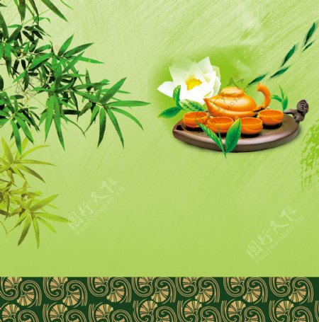 中式竹子中国风茶道主图设计