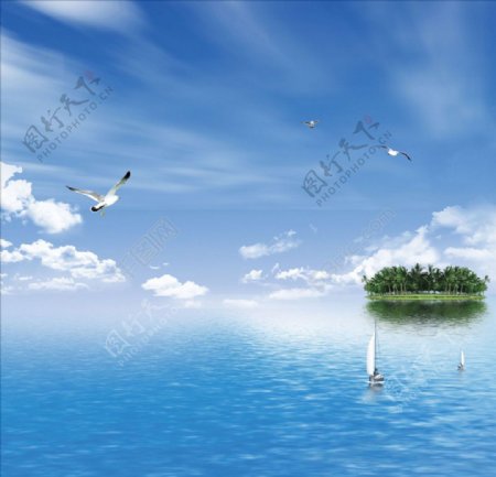 蓝天白云海鸥飞翔在小岛与船之间