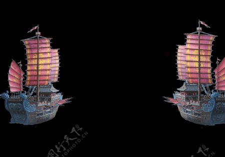 中国古风战船插画海报PNG元素