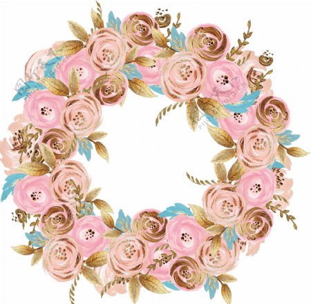 法式风情深粉色花朵手绘花环装饰元素