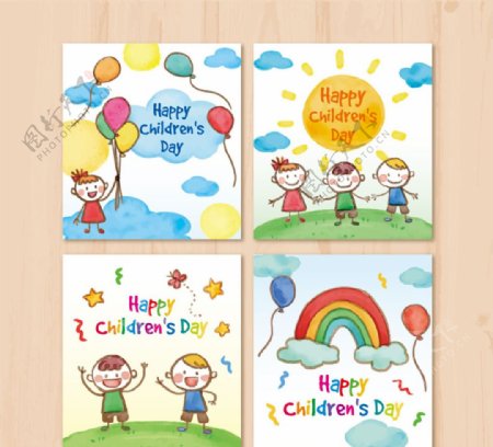 4款彩绘儿童节卡片矢量素材