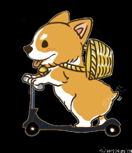 玩滑板车的狗狗元素