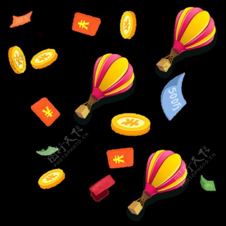 卡通金币红包热气球图案元素