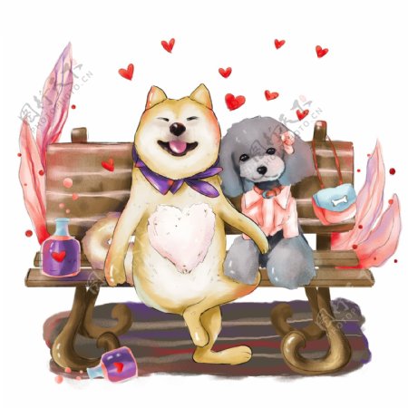商用手绘谈恋爱的狗动物爱情光棍节公园素材