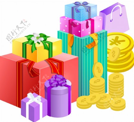 2.5D礼物商品和金币金钱和消费原创元素
