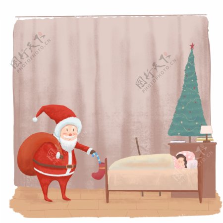 手绘圣诞节圣诞老人送礼物场景插画元素素材