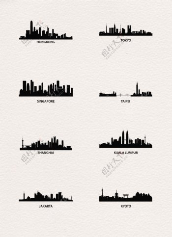 8组不同国家城市剪影设计