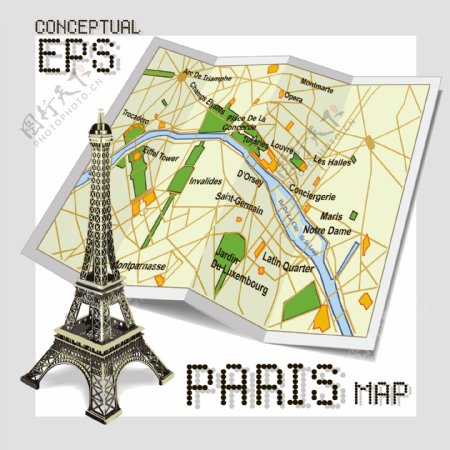 时尚法国旅行地图插画