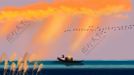 江面行驶的小船芦苇夕阳卡通背景