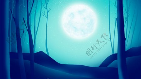 夜晚月亮下的树木卡通背景