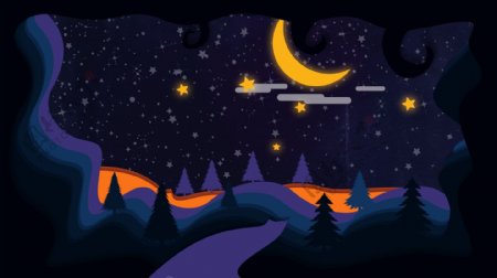 夜晚树林上空中的月亮和星星卡通背景