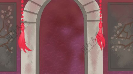 古代拱形门洞红色流苏装饰背景
