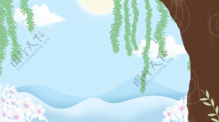 素雅清新植物花卉蓝天白云插画背景