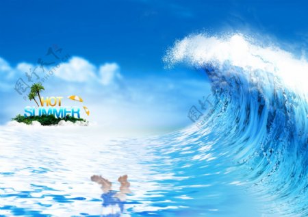 夏季碧海蓝天海岛巨浪海报背景素材