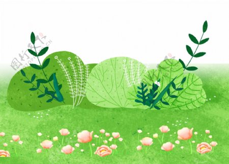 卡通绿色草坪粉色花朵叶子png元素