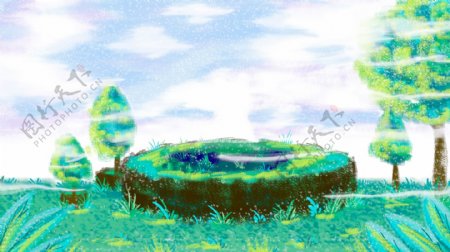彩绘绿草地大树背景素材