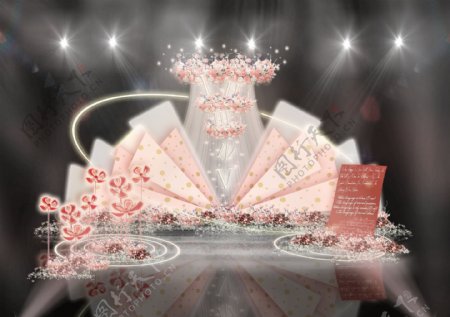 粉色多层次几何扇形背景沙漏花艺婚礼效果图