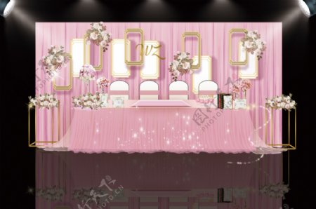 粉色婚礼签到台甜品区背景效果图