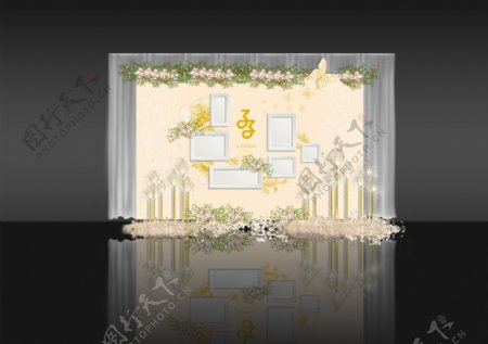 定制婚礼香槟色蝴蝶元素原创照片墙设计