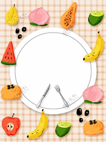 原创插画水果盘子小清新餐桌可爱卡通彩色