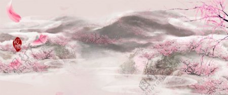 2018中国风古风山水粉色唯美背景卷轴