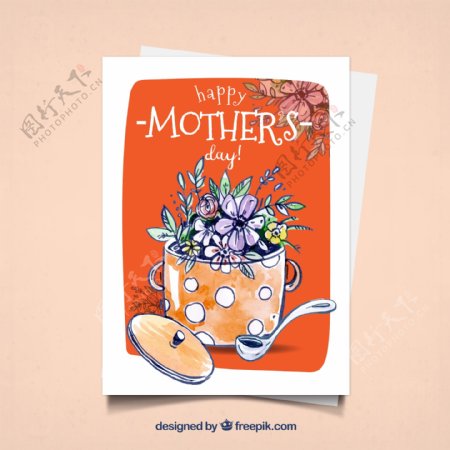 手绘汤锅里的花束母亲节祝福卡矢量图