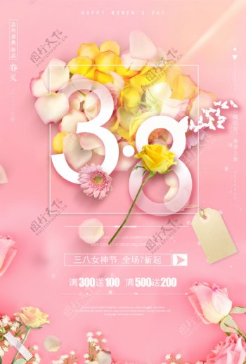 粉色促销活动3.8妇女节简约主题宣传海报