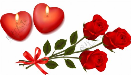 浪漫爱心蜡烛和红色玫瑰矢量图