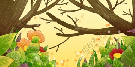 卡通可爱森林树木花卉背景