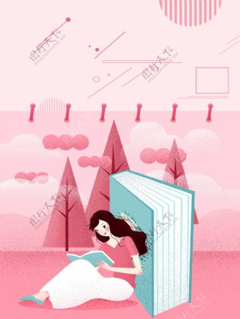 浪漫粉色少女看书广告背景